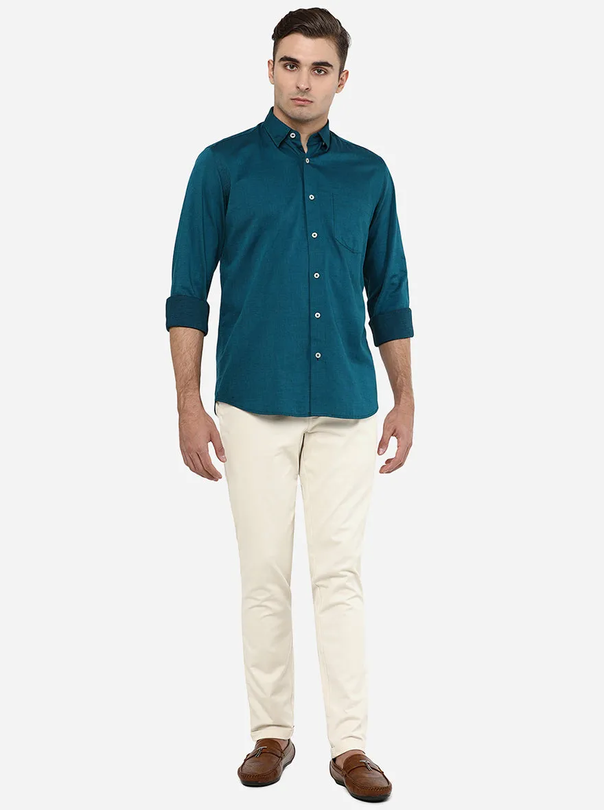 Cream Solid Neo Fit Casual Trouser | Greenfibre