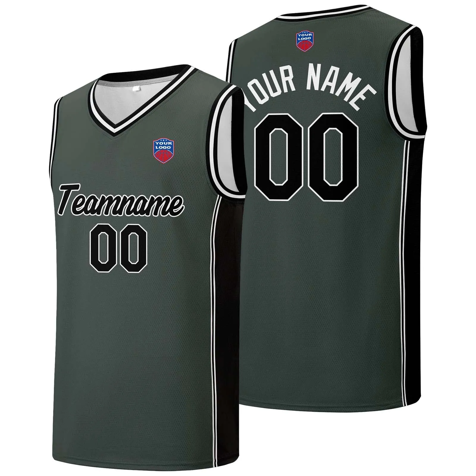 Custom basketball jersey shorts for men and women. Embroidered and printed name, number and logo Grey&Black