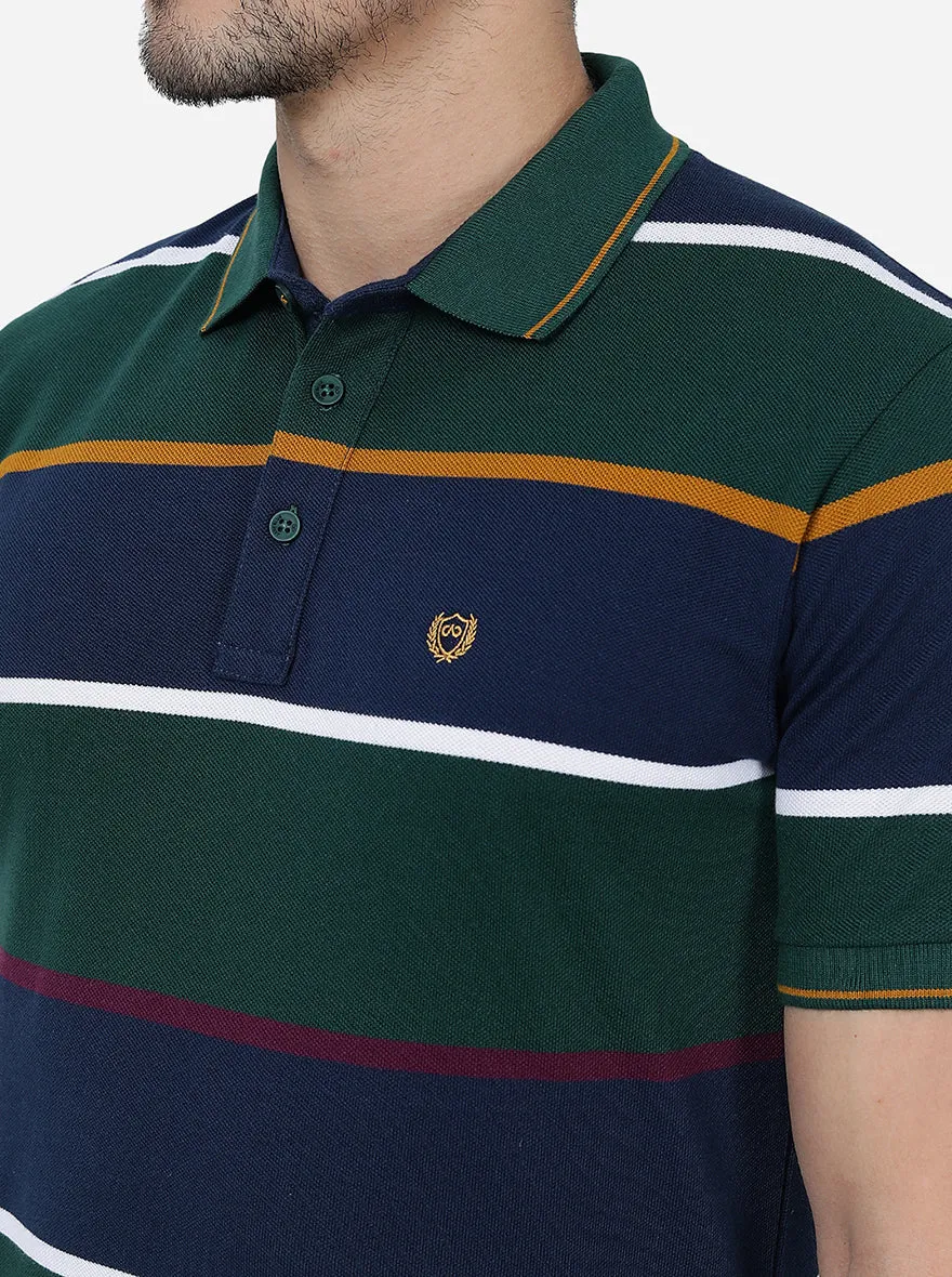 Green & Blue Striped Slim Fit Polo T-Shirt | JadeBlue