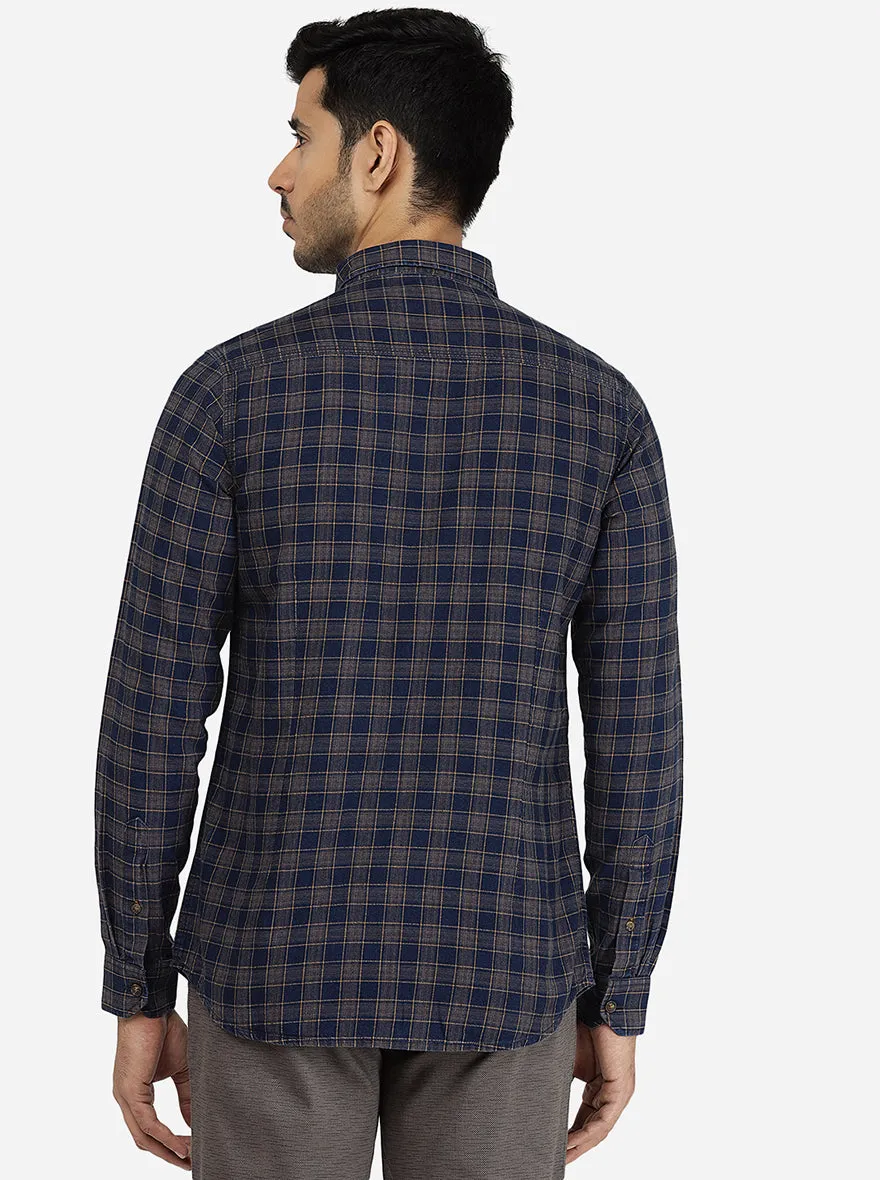 Indigo Blue & Yellow Checked Slim Fit Semi Casual Shirt | JadeBlue