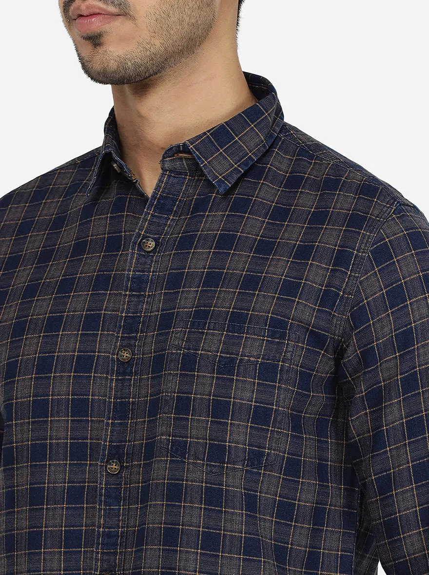 Indigo Blue & Yellow Checked Slim Fit Semi Casual Shirt | JadeBlue