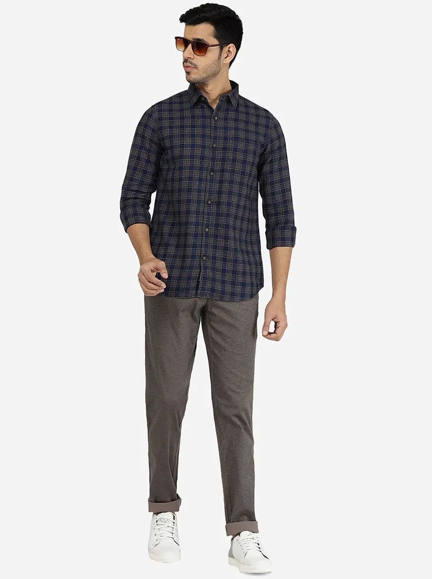 Indigo Blue & Yellow Checked Slim Fit Semi Casual Shirt | JadeBlue