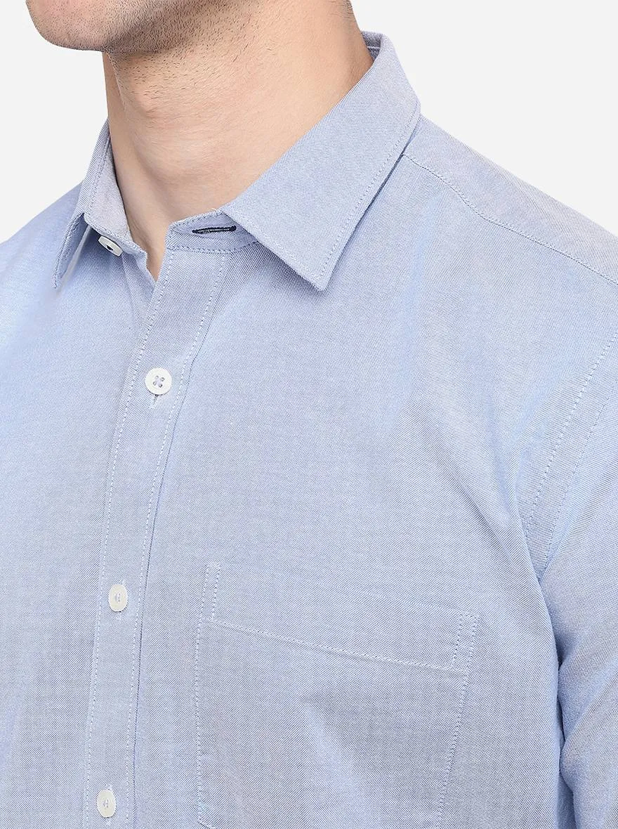 Light Blue Solid Slim Fit Semi Casual Shirt | Greenfibre